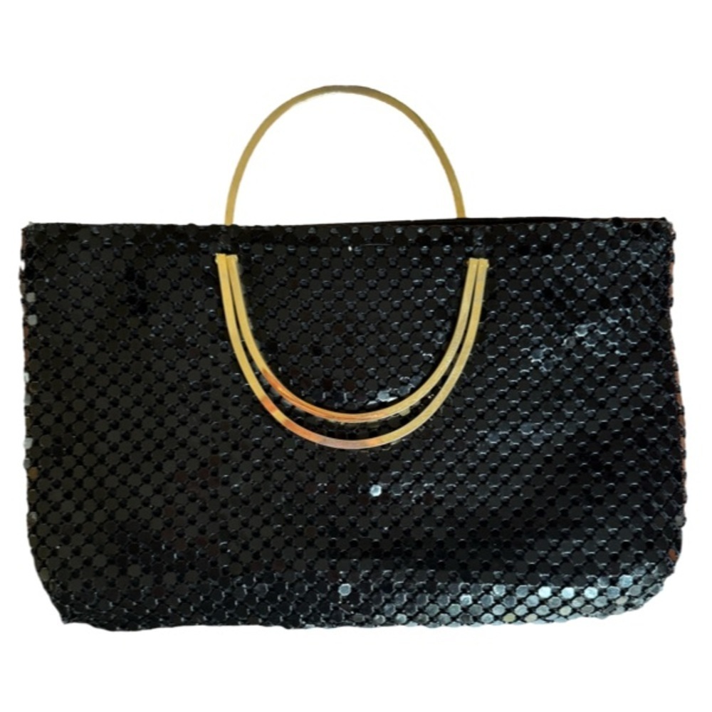 Vintage Elegant Black Metallic Mesh Evening Bag w/ Gold Handles - Picture 5 of 6